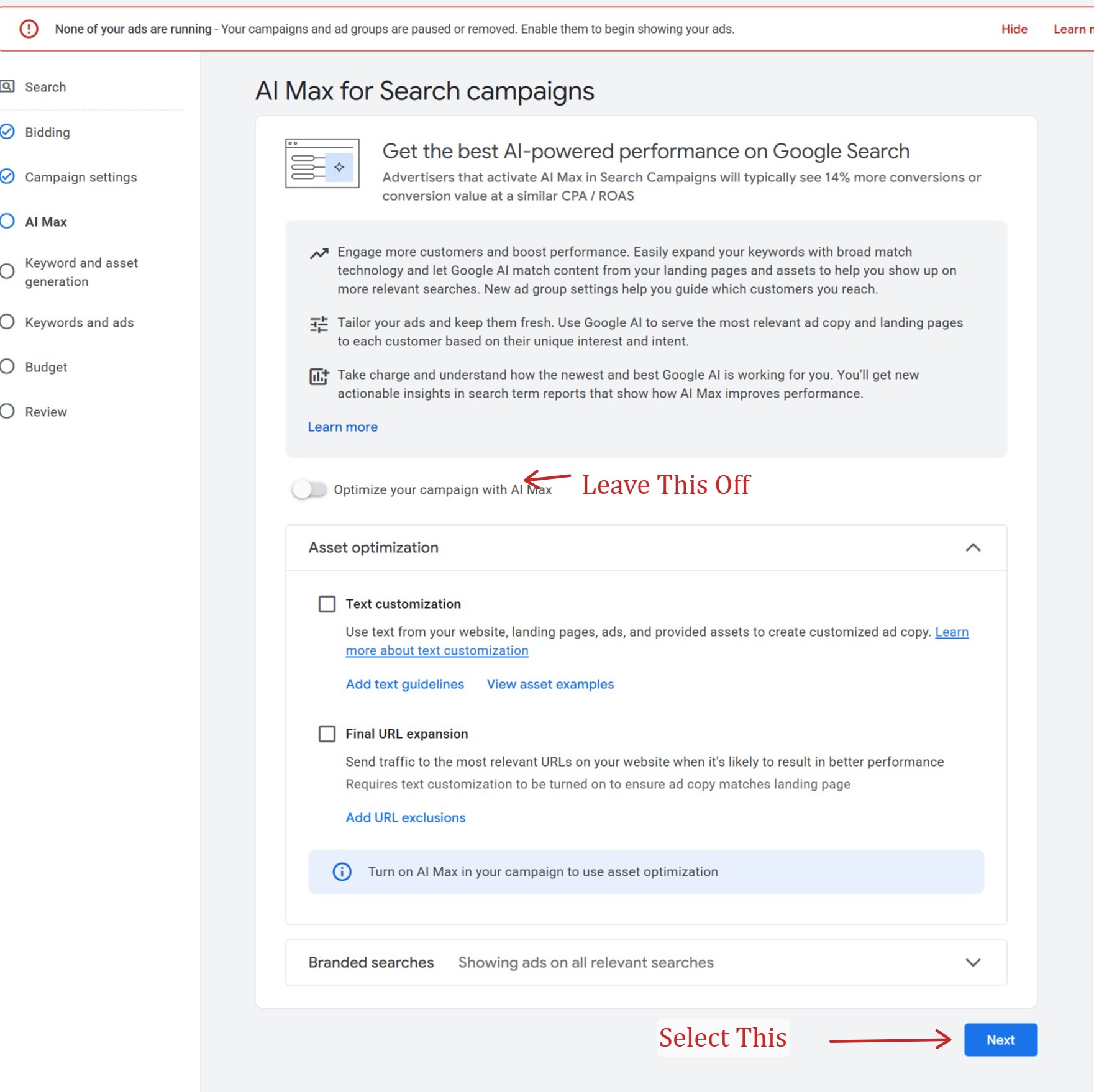 Keep AI Max turned off in Google ads