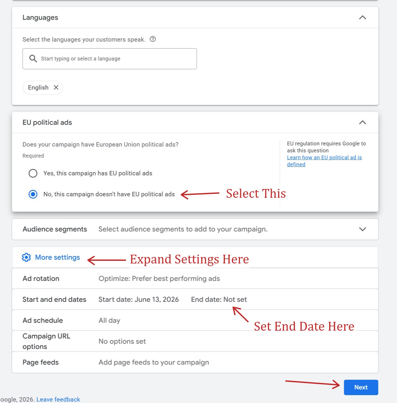 More settings to select in Google Ads