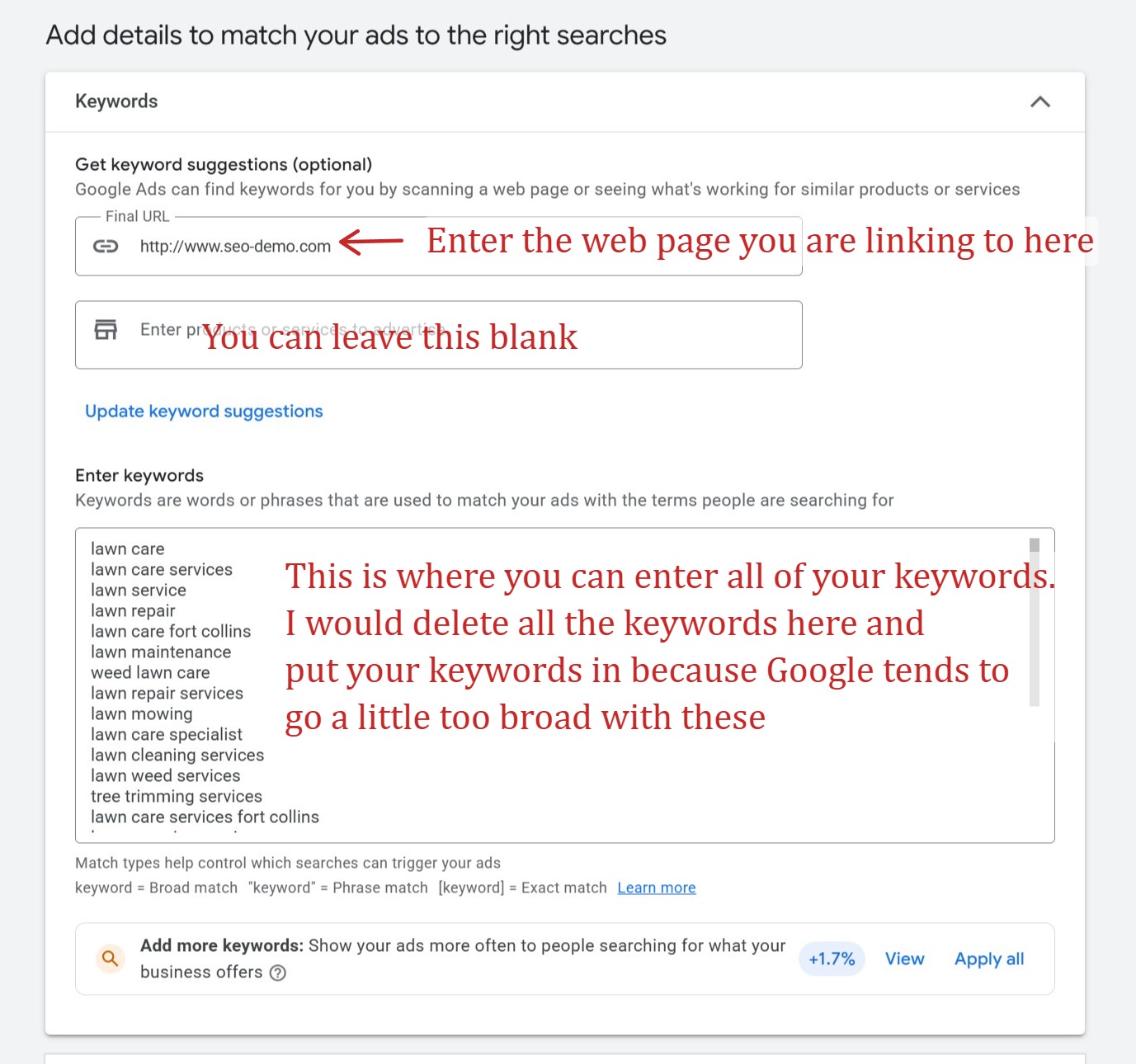 This is where you enter your keywords in Google ads